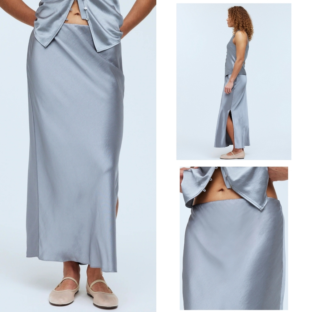 Madewell Bias-Cut Satin Maxi Slip Skirt Size 12 Dusk Gray Elastic Waist Flowy - Picture 4 of 16